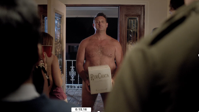 Naked Larry brings the RumChata to the party, our first RumChata ad character?