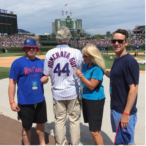 The RumChata Guy is born, with Nick, Susan and Charlie throwing out first pitch at Wrigley Field August 2015.